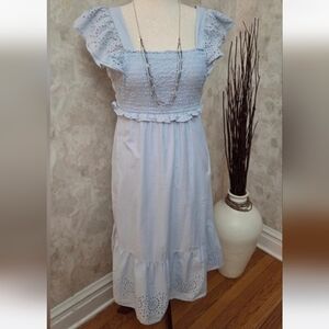 LC Lauren Conrad Blue Smocked Eyelet Midi Dress Open Back Tie Cotton Medium